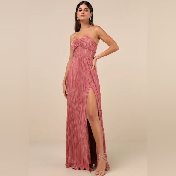 Lulus Dresses & Skirts - Lulus Desme Rose Pink Satin Plisse Strapless Maxi Dress M NWT